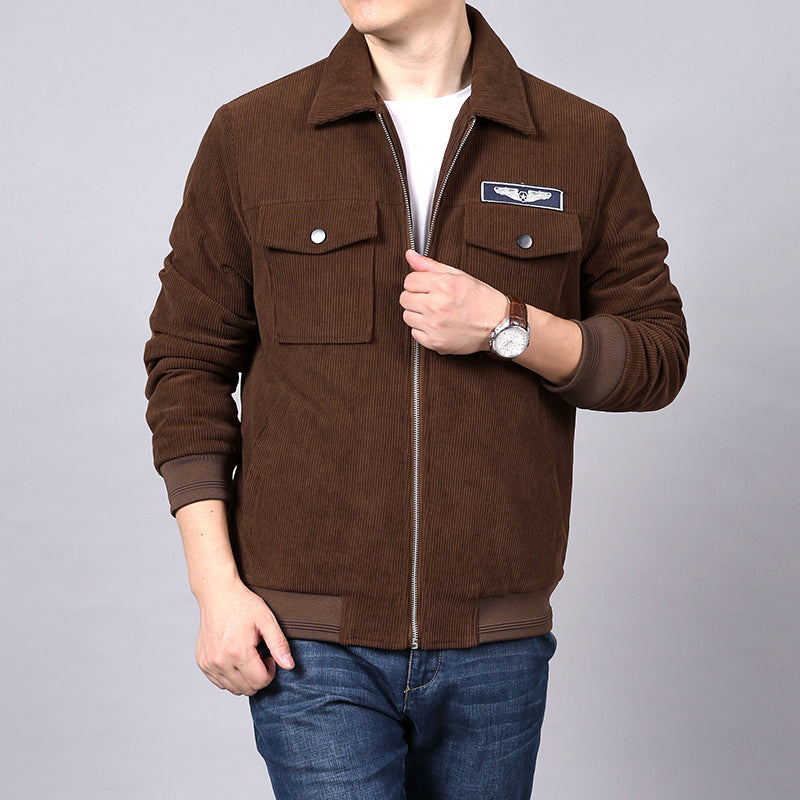 Men's cord work jacket in shirt jacket look with chest flap pockets and zipper Chichicherry