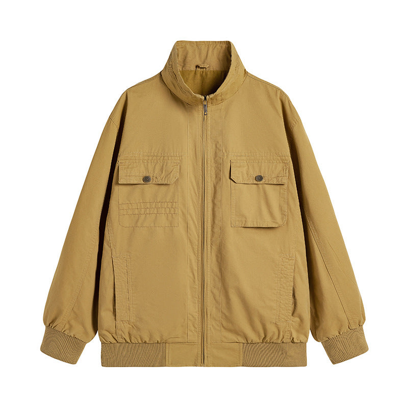 Men's Loose-Fitting Canvas Over Jacket with Stand-Up Collar and Flap Pockets Chichicherry