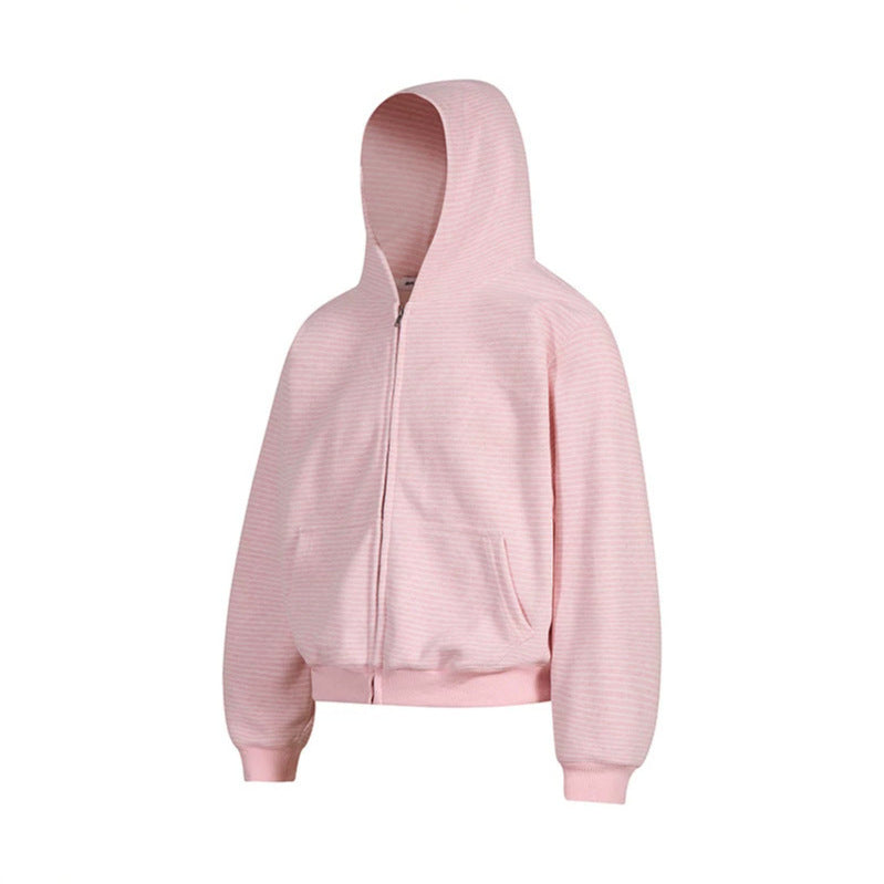 Women's short-cut hooded sweatshirt jacket with short hem, stripe texture, and zipper