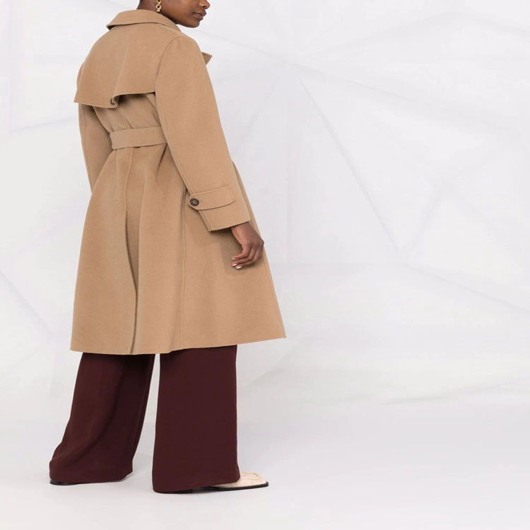 Women's tailored double-breasted wool blend coat with tie belt and A-line cut Chichicherry