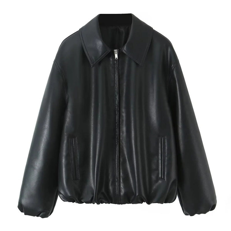 Women's Oversize Faux Leather Bomber with Shirt Collar, Concealed Zipper and Balloon Sleeves Chichicherry