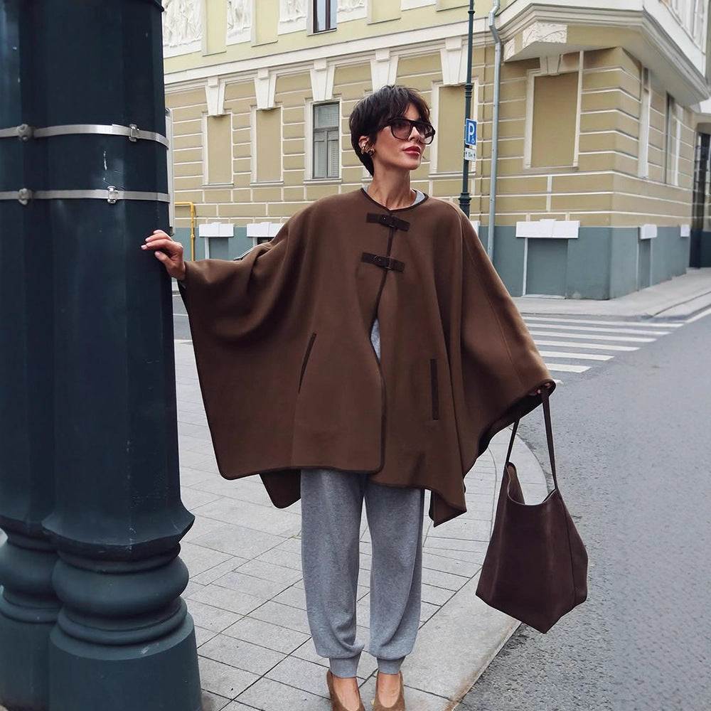 Women's Oversize Cape Coat made of wool blend with high stand-up collar and leather tabs Chichicherry