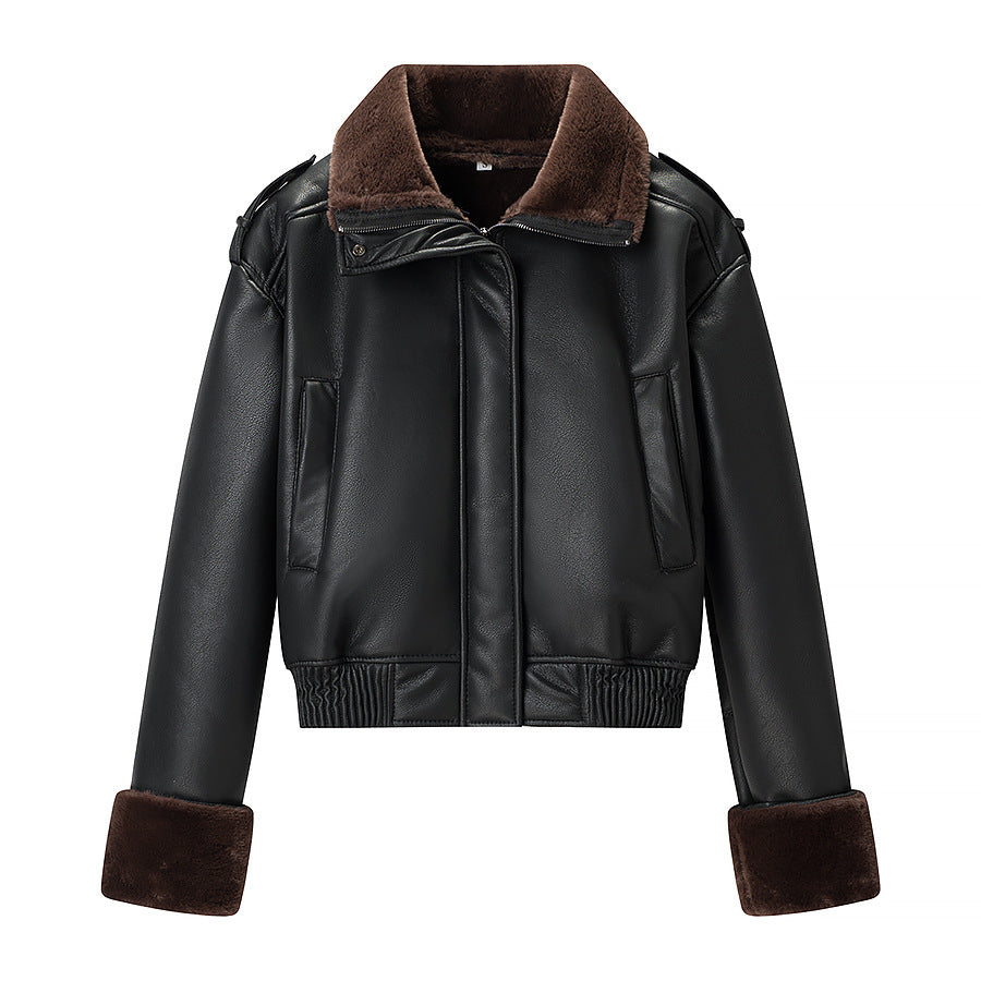 Women's Short Cut Bomber Jacket made of Faux Leather with Teddy Lining, Notched Collar and Rollable Cuffs Chichicherry