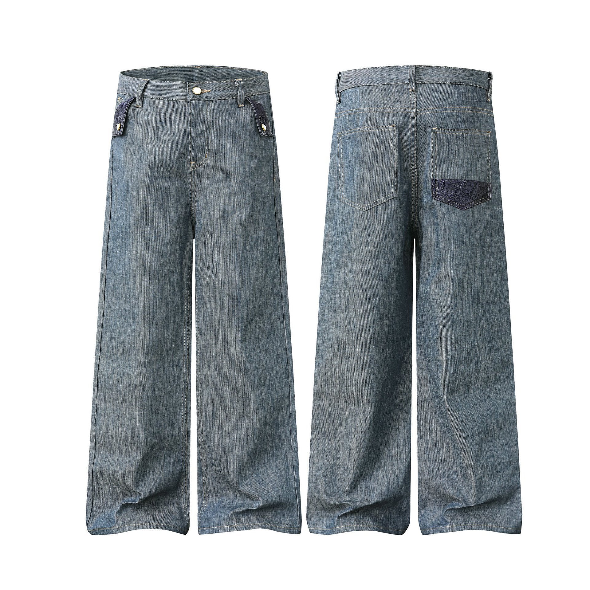 Women's high-waisted wide jeans pants with decorative flap pockets and straight leg Chichicherry