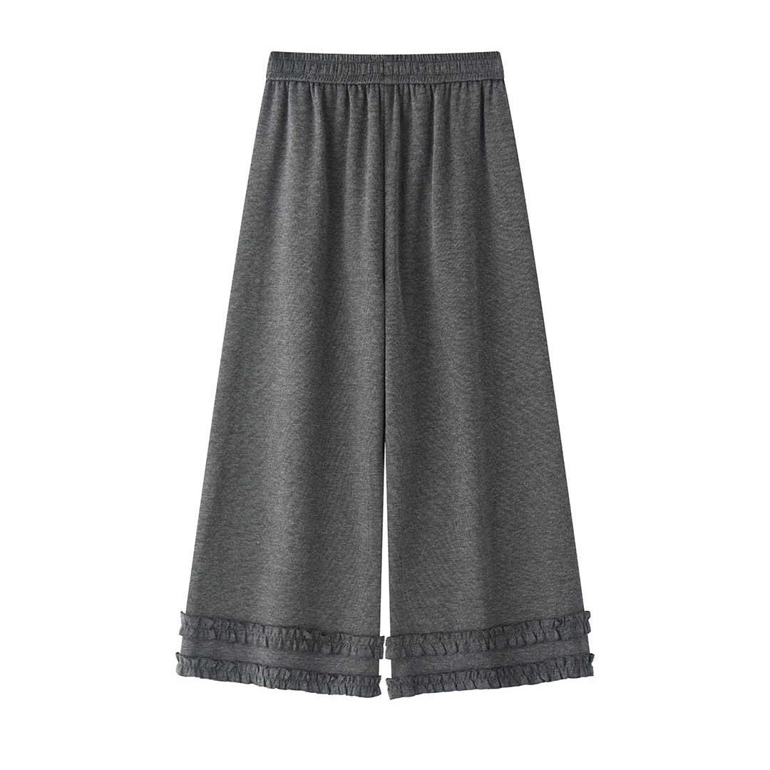 Women Wide Loungewear Pants with Elastic Waistband, Drawstring and Ruffle Detail Chichicherry
