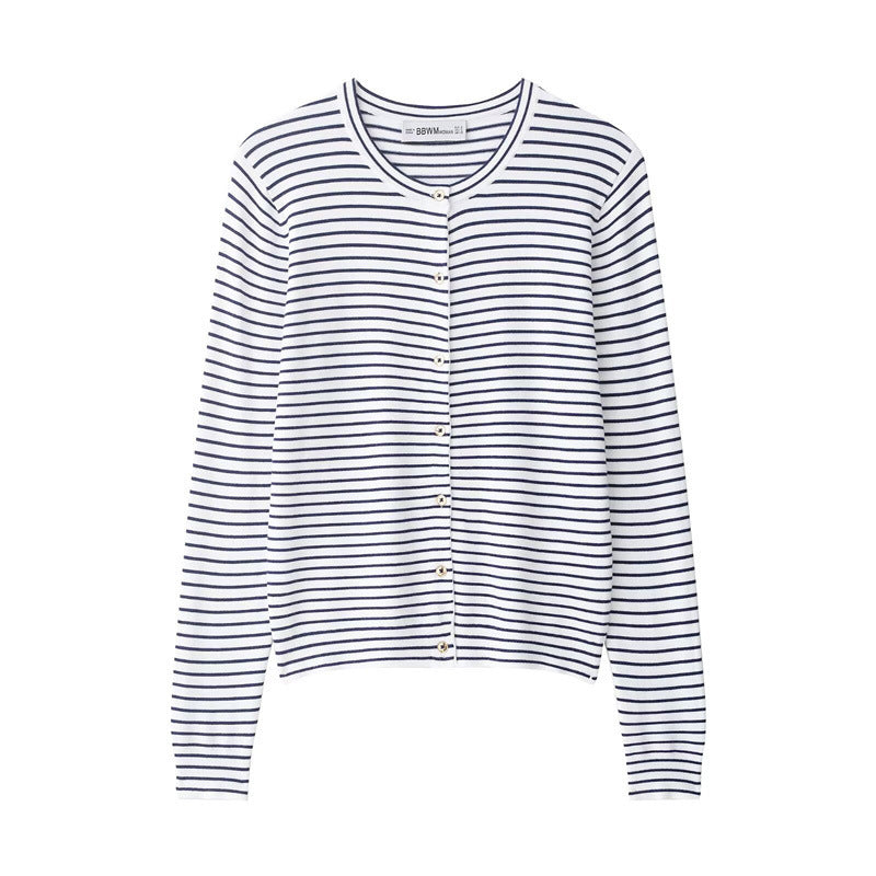 Women's fine knit cardigan with nautical striped pattern, round neckline and mother-of-pearl button placket Chichicherry