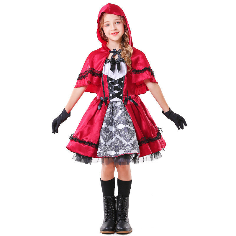 Girls Fairy Tale Little Red Riding Hood Costume with Elegant Tulle Skirt and Detail-Loving Cape Chichicherry