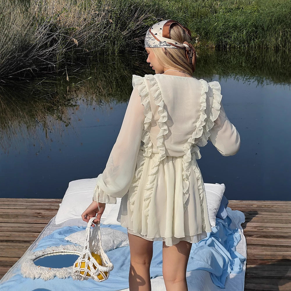 Damen Romantisches Chiffon-Minikleid mit Volants und Schnürdetail Chichicherry