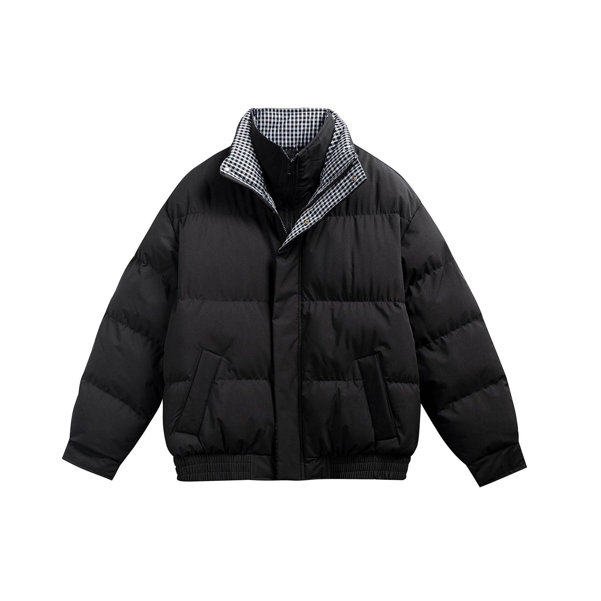 Men's Quilted Bomber Jacket with Checkered Inner Collar and Elastic Hem Chichicherry