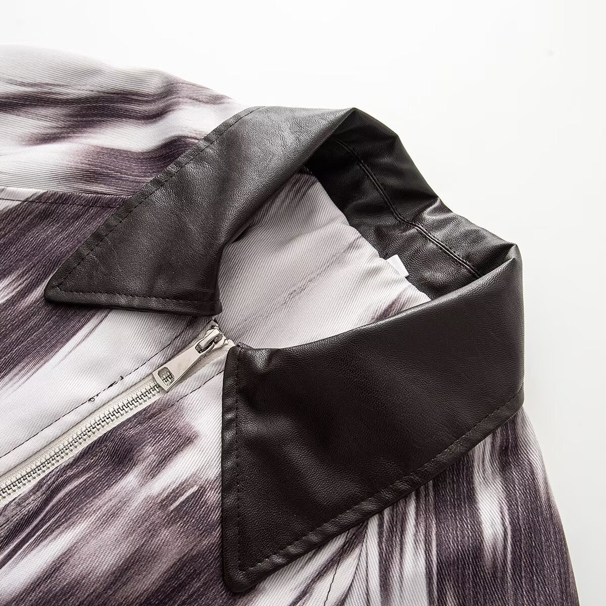 Women's Short Bomber Jacket in Cropped Style with Contrasted Faux Leather Collar and Abstract Print Chichicherry