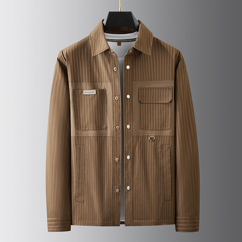 Men's utility transitional jacket in overshirt style with patch pockets and pinstripe texture Chichicherry