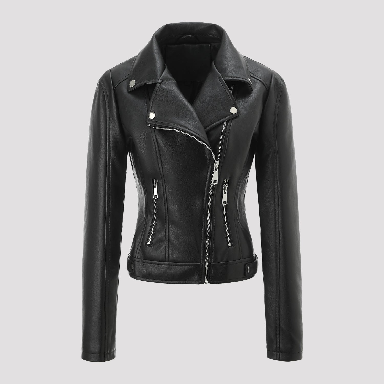 Women short fitted biker jacket made of Nappa leather with asymmetrical zipper Chichicherry