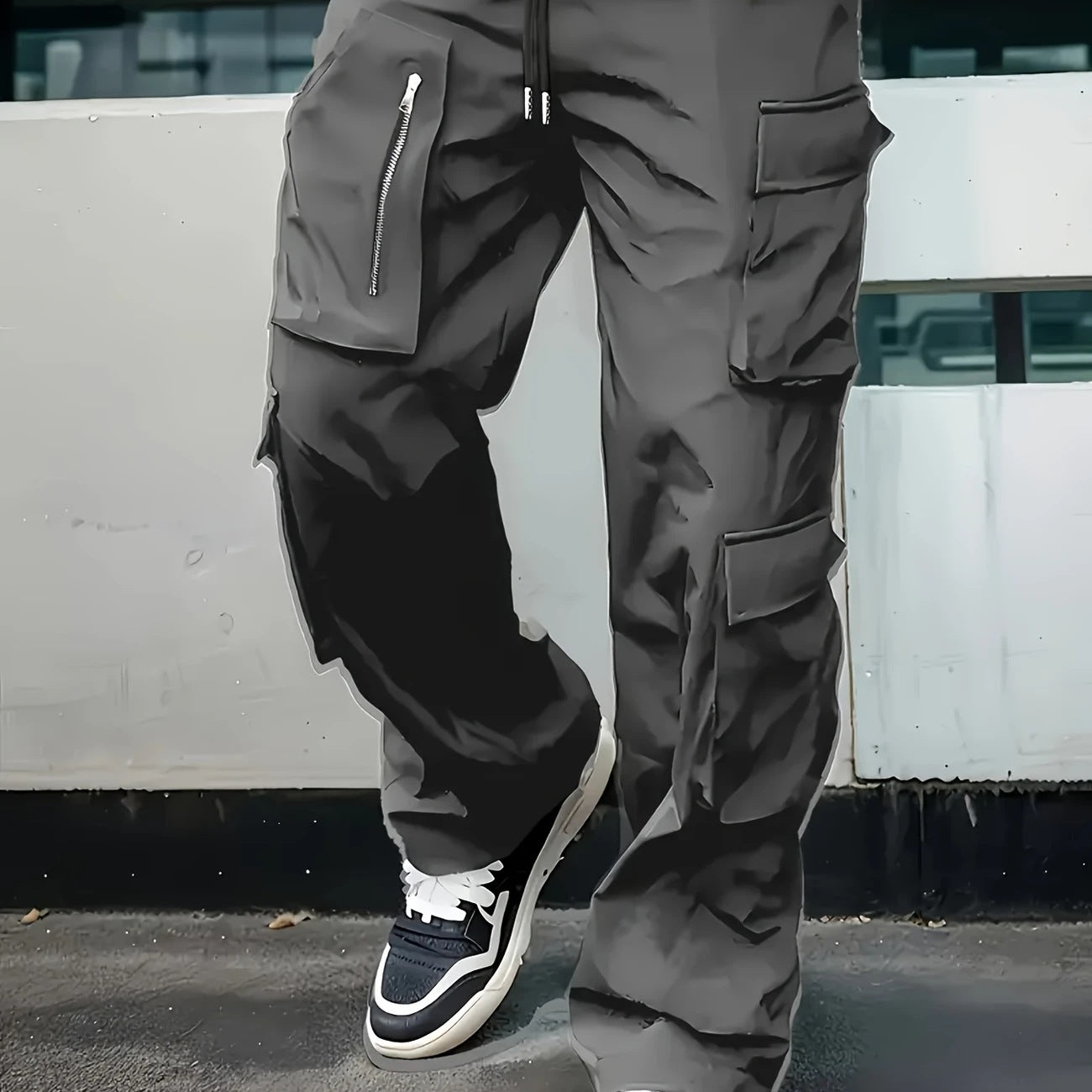 Men's multifunctional cargo pants with large flap and zip pockets as well as drawstring Chichicherry