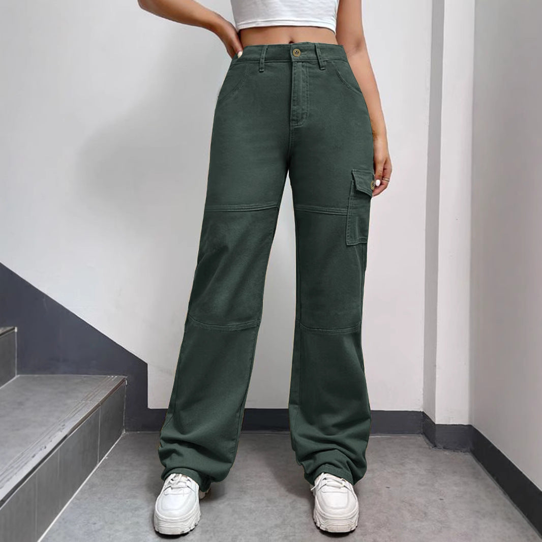 Women's High-Waisted Cargo Palazzo Pants with Seam Segments and Side Flap Pocket Chichicherry