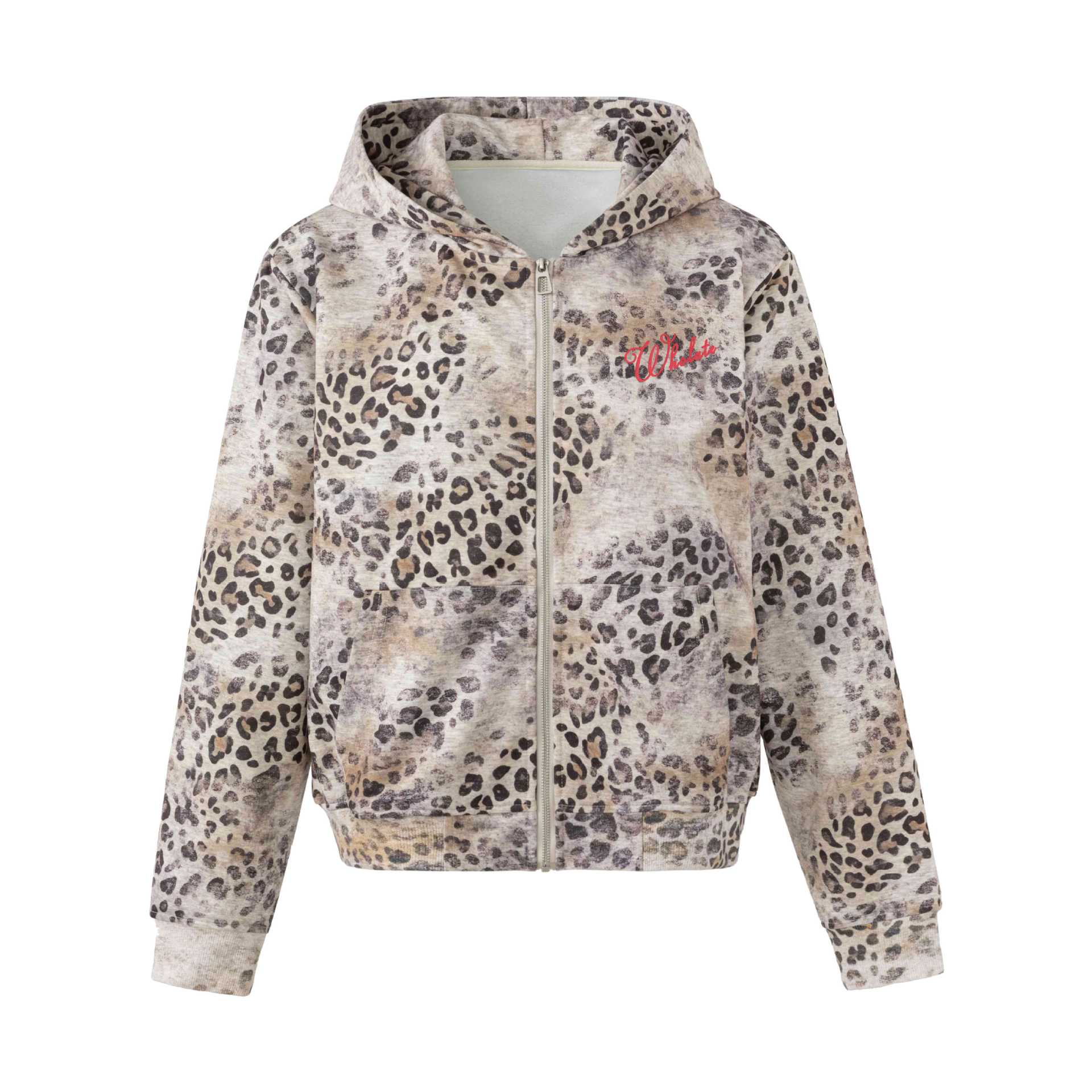 Women's Cozy Hooded Jacket in Boxy Cut with Vintage Leopard Print and Kangaroo Pocket Chichicherry