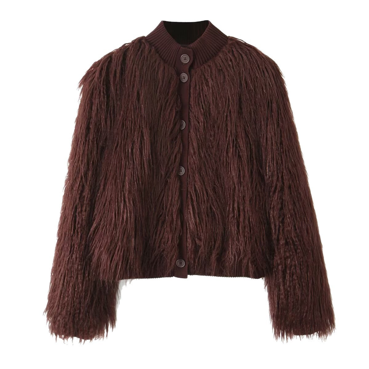 Women Short Cut Shaggy Faux Fur Cardigan with Ribbed Collar and Button Placket Chichicherry