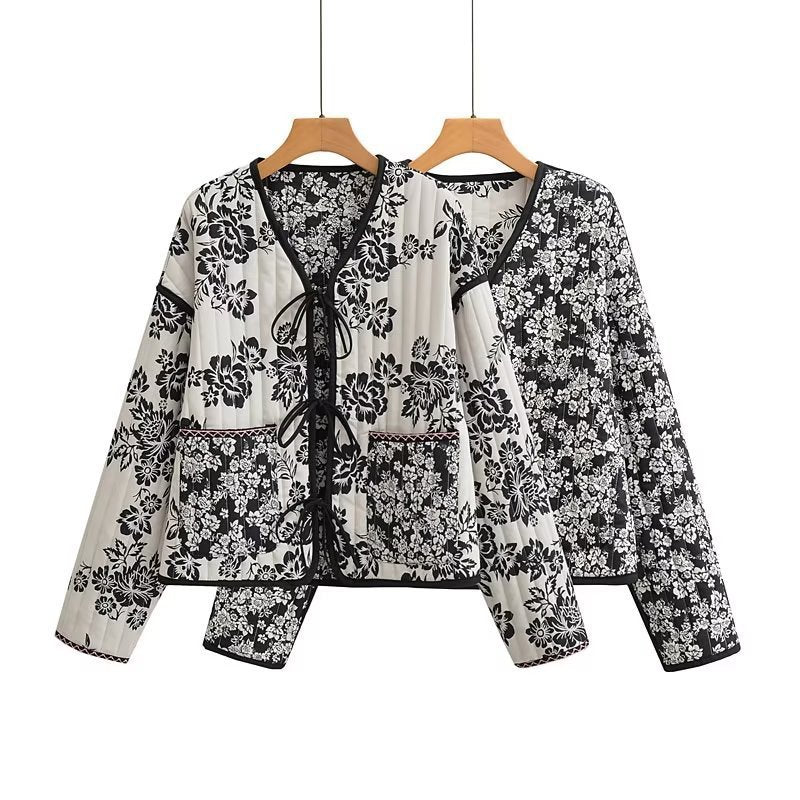 Women's Quilted Short Jacket with Floral Allover Print and Tie Ribbons Chichicherry