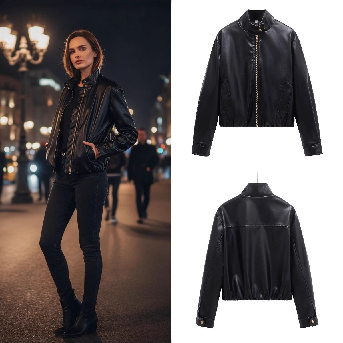 Ladies short cut faux leather bomber jacket with standing collar and zipper Chichicherry