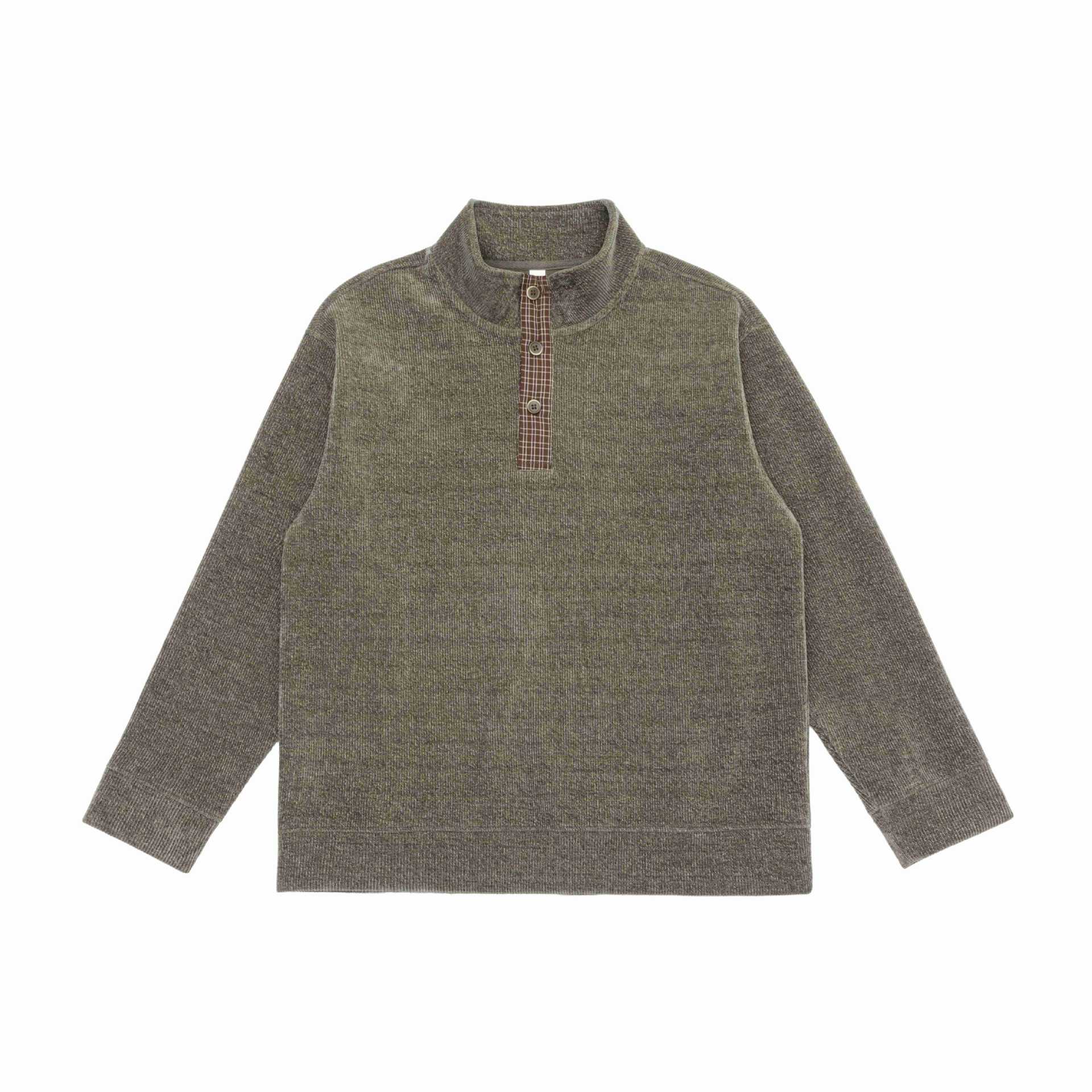 Unisex Fine Structure Half-Zip Sweater with Stand Collar and Checked Button Placket Chichicherry