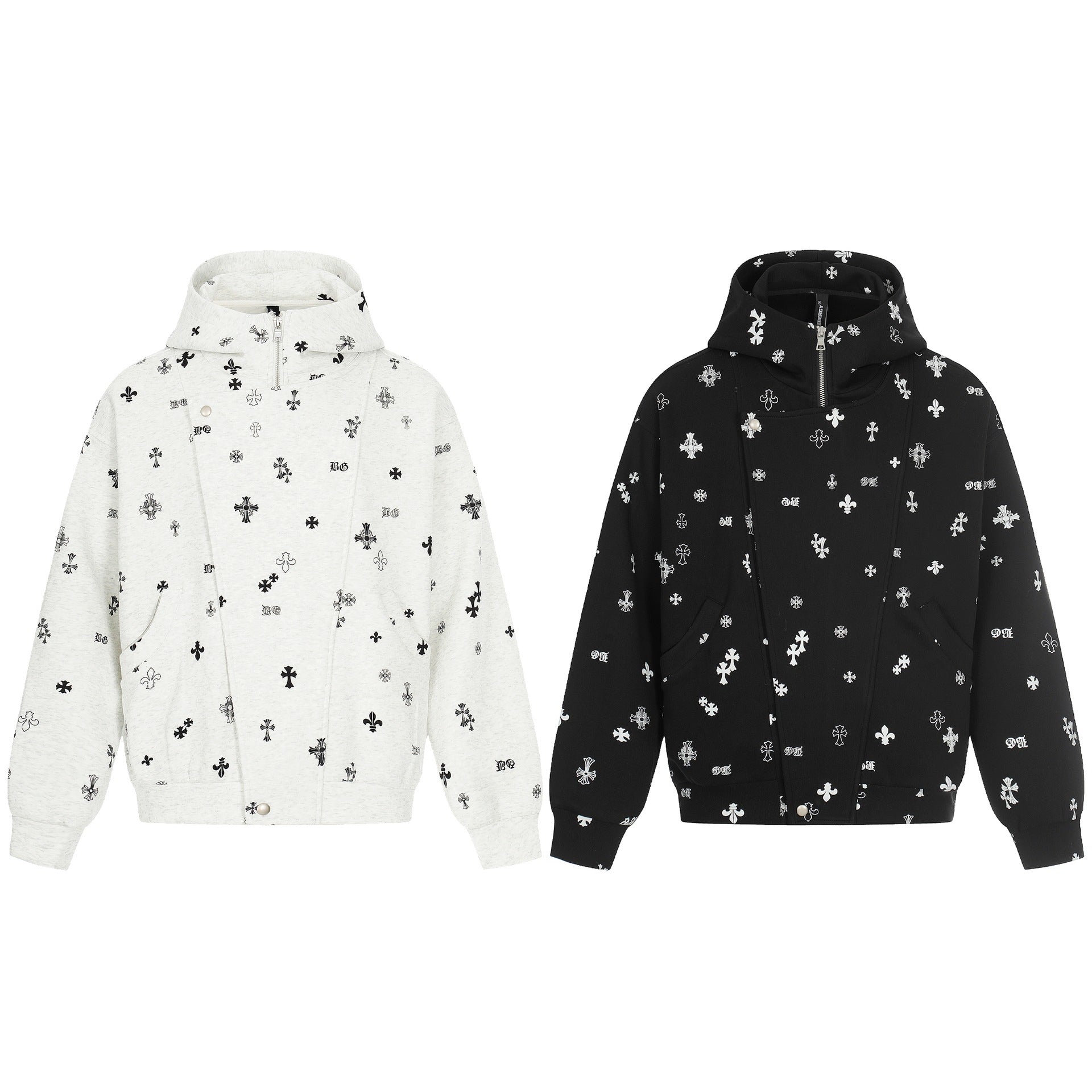 Unisex Boxy Hoodie Jacket with Half Zipper and Allover Print Chichicherry