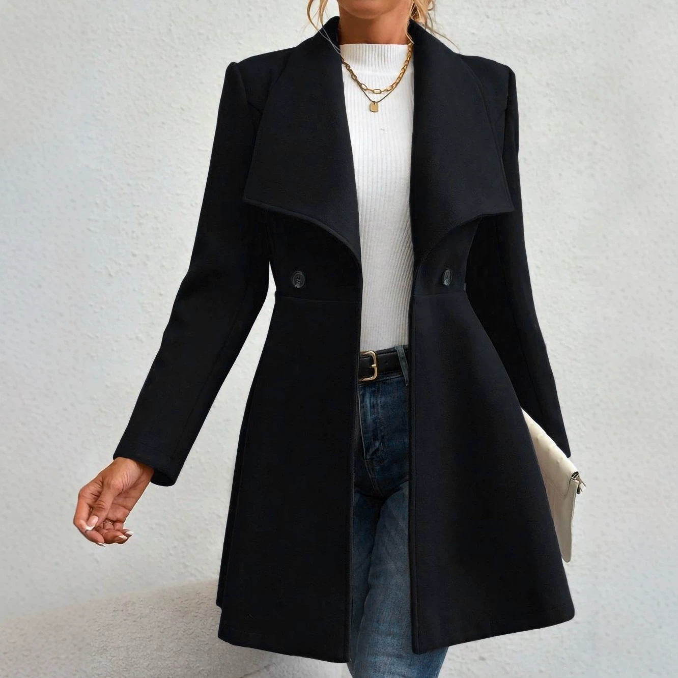Ladies Tailored Short Coat with Waterfall Collar and Flared Peplum Chichicherry