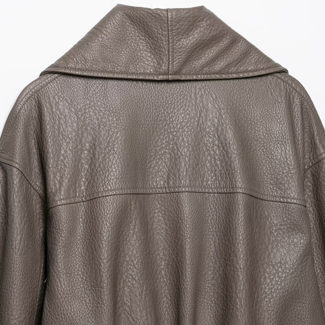 Women's Short Tailored Leather-Look Jacket with Oversized Shawl Collar and Gathered Hem Chichicherry