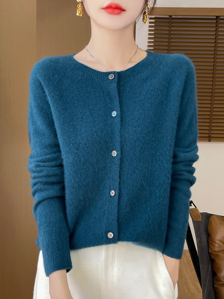 Ladies Cozy Short Cardigan made of Mohair Mix with fine Virgin Wool Structure and Pearly Button Placket Chichicherry