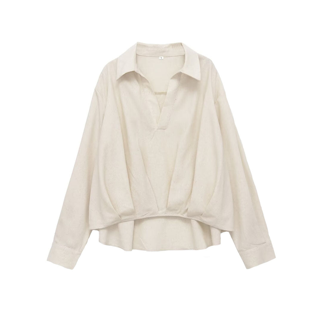 Women's Oversized Linen Blouse with Open V-Neck and Gathered Hem Chichicherry