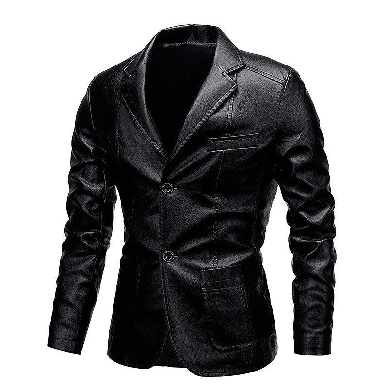 Men's Slim-Fit Faux Leather Blazer with Notched Lapels and Flap Pockets Chichicherry