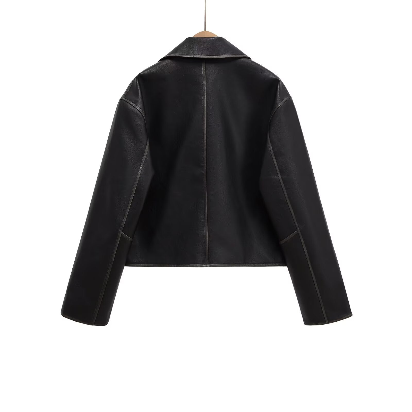 Women's Short Boxy Leather Look Jacket with Zip and Large Flap Pockets Chichicherry