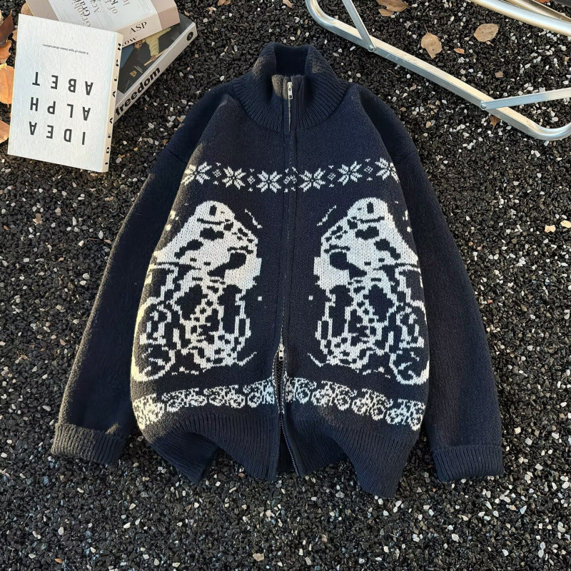 Unisex Übergroße Strickjacke mit durchgehendem Reißverschluss, hohem Rippkragen und Eulen-Intarsien Chichicherry