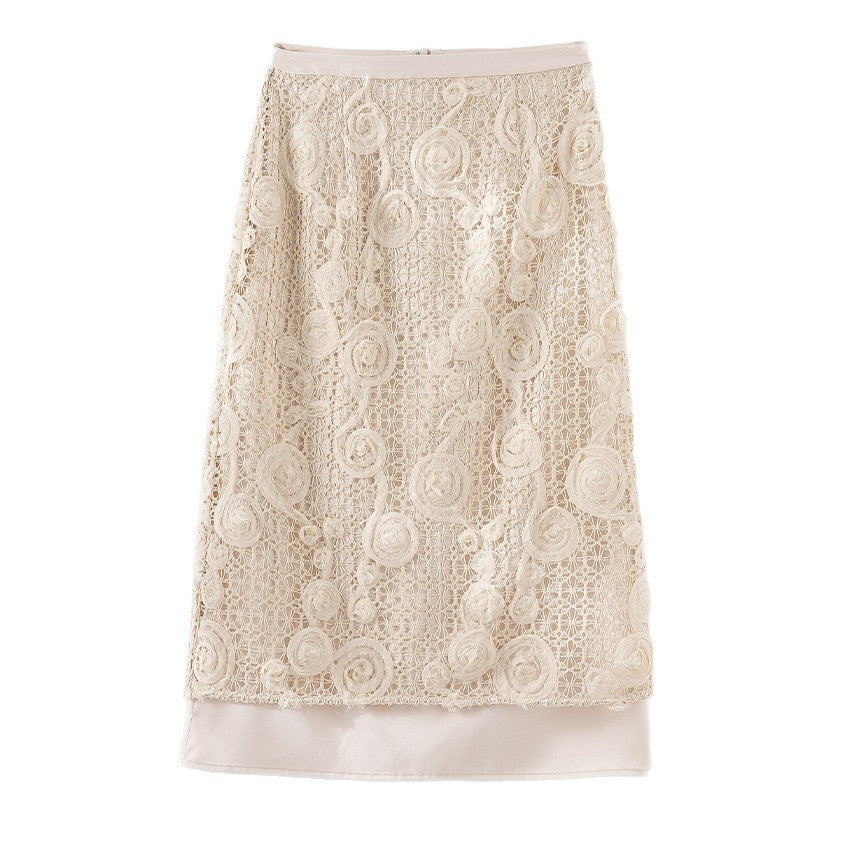 Women's lace midi skirt with floral crochet lace and opaque lining Chichicherry