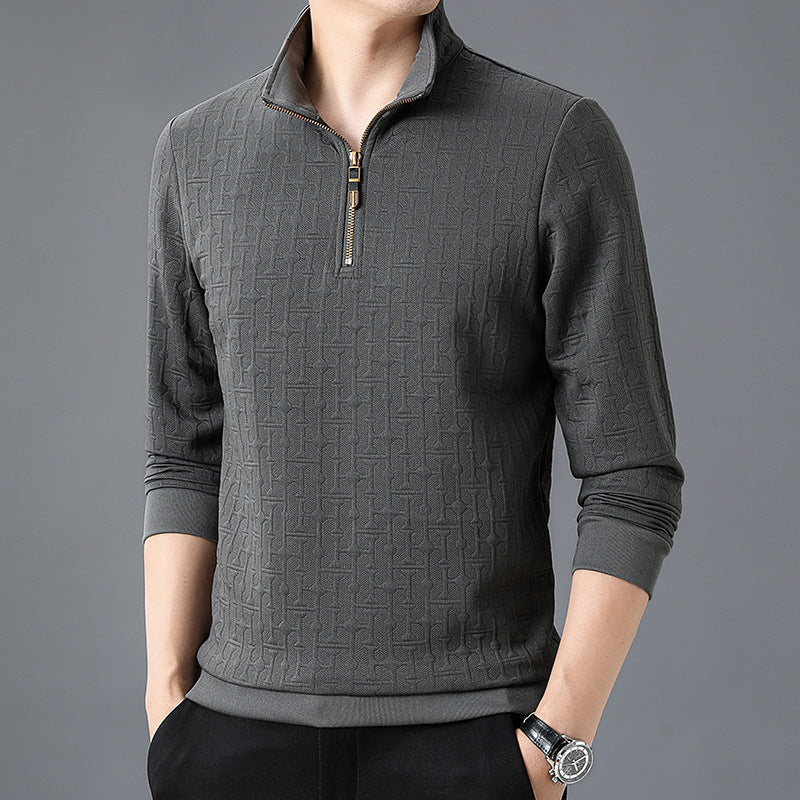 Men's Structure Jacquard Sweater with Short Zipper and Stand-Up Collar Chichicherry