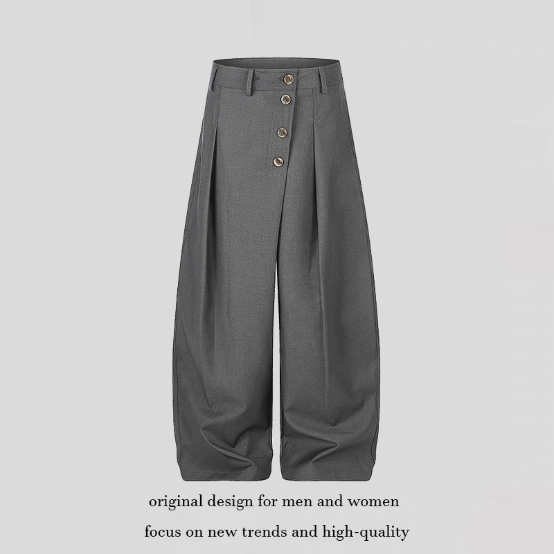 Women's Wide Palazzo Pants with High Waist, Pleats and Asymmetrical Button Placket Chichicherry