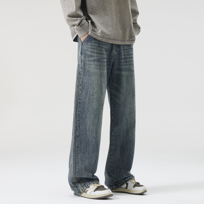 Men's Loose Vintage Denim Jeans with Wash and Straight Leg Chichicherry