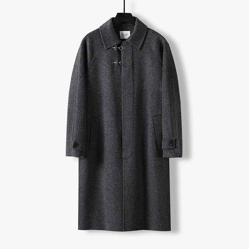 Men's Straight Wool Blend Long Coat with Concealed Front and Decorative Toggle Closures Chichicherry