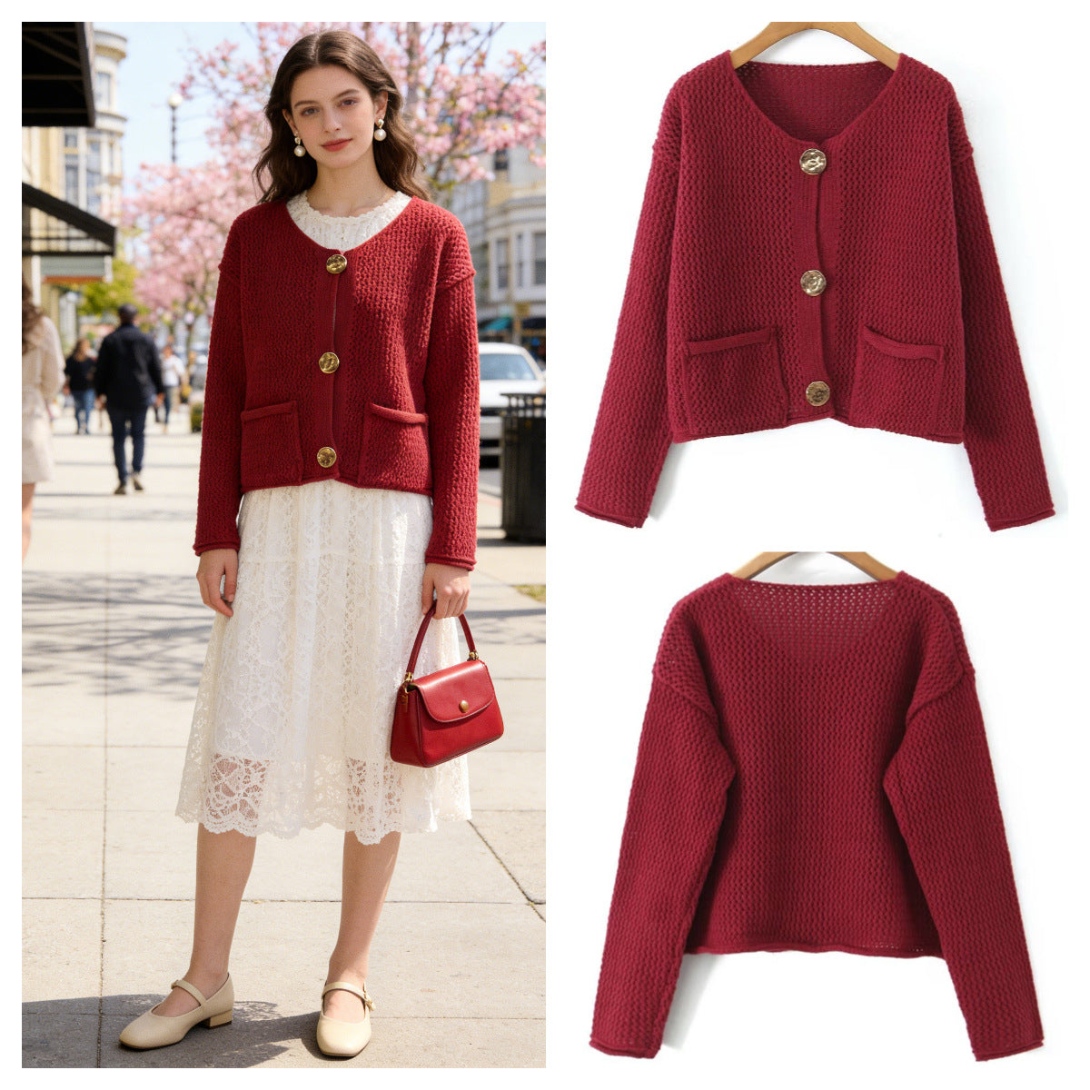 Ladies Light Open Hole Knit Cardigan with Decorative Buttons and Patch Pockets Chichicherry