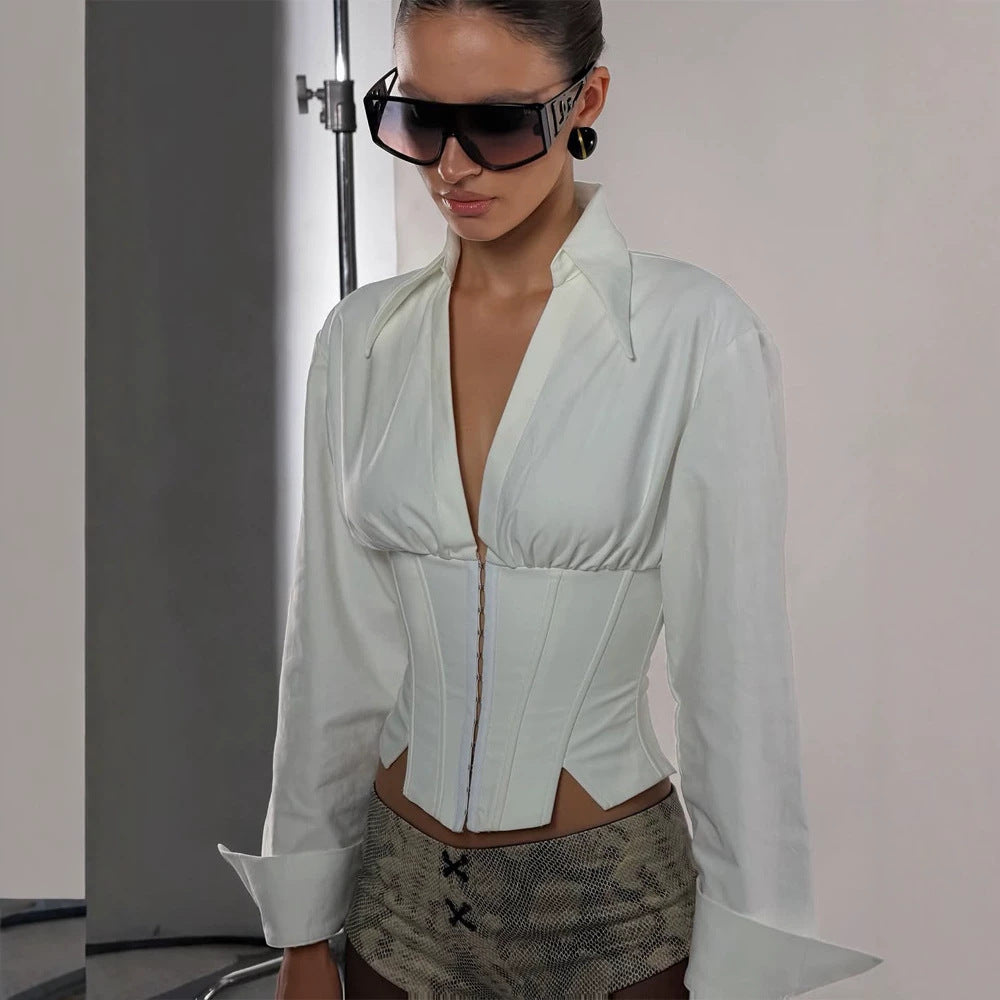 Women Tailored Corset Bustier with Integrated Blouse and Front Closure Chichicherry