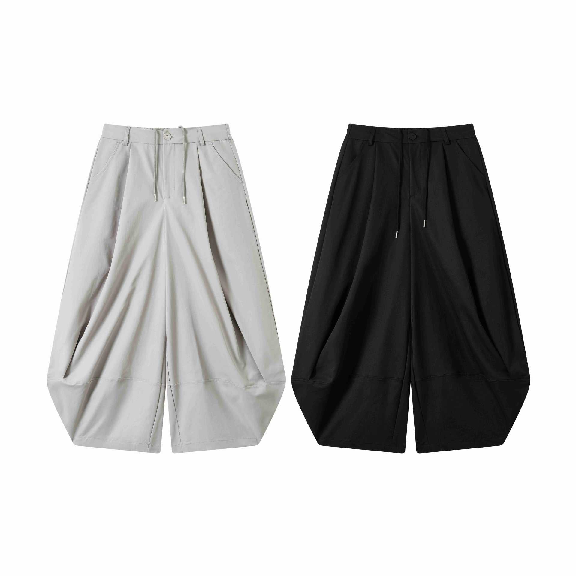 Women's Wide High-Waist Bermuda Pants with Pleats and Drawstring