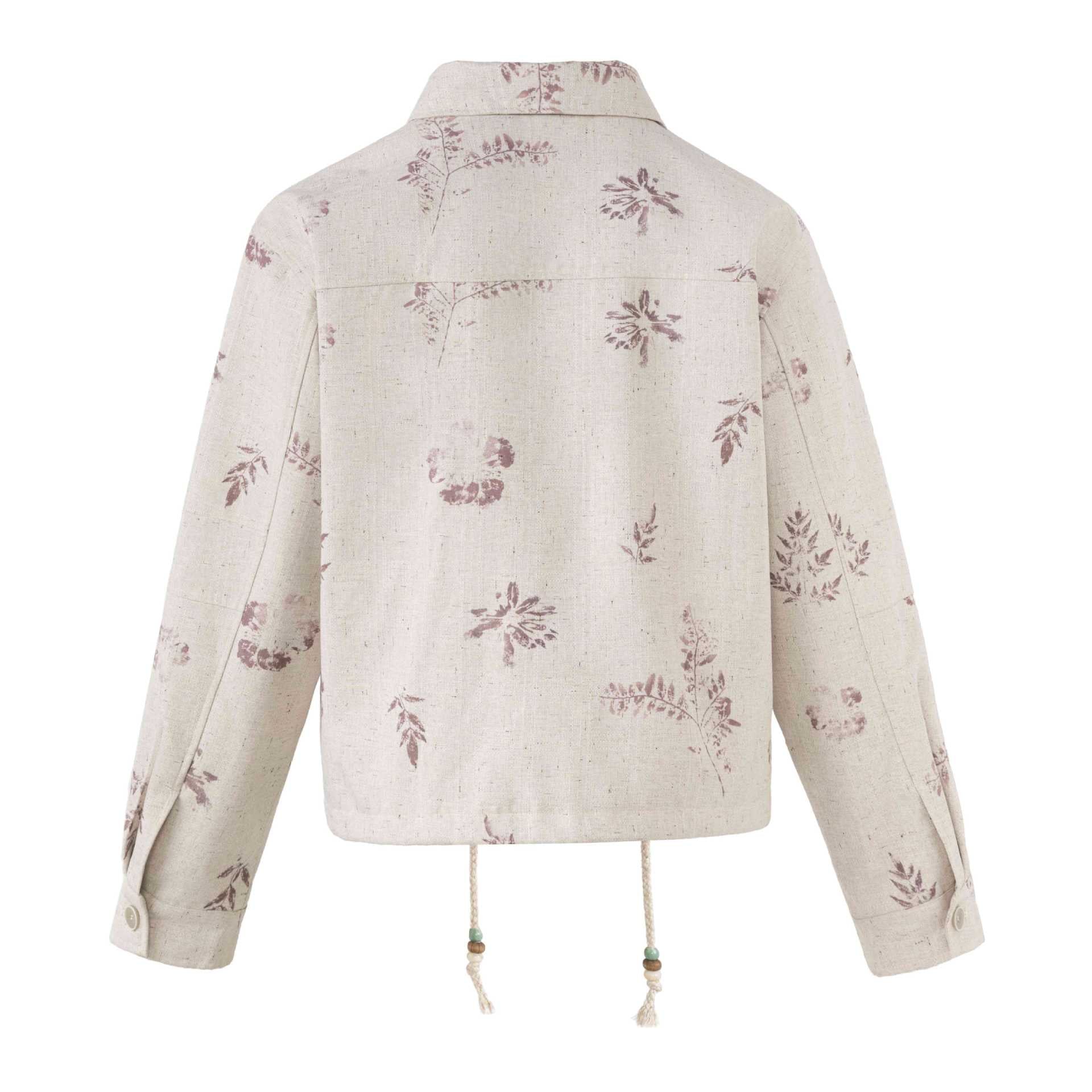 Women's Short Floral Linen Blouson with Drawstring, Concealed Button Placket and Shirt Collar Chichicherry