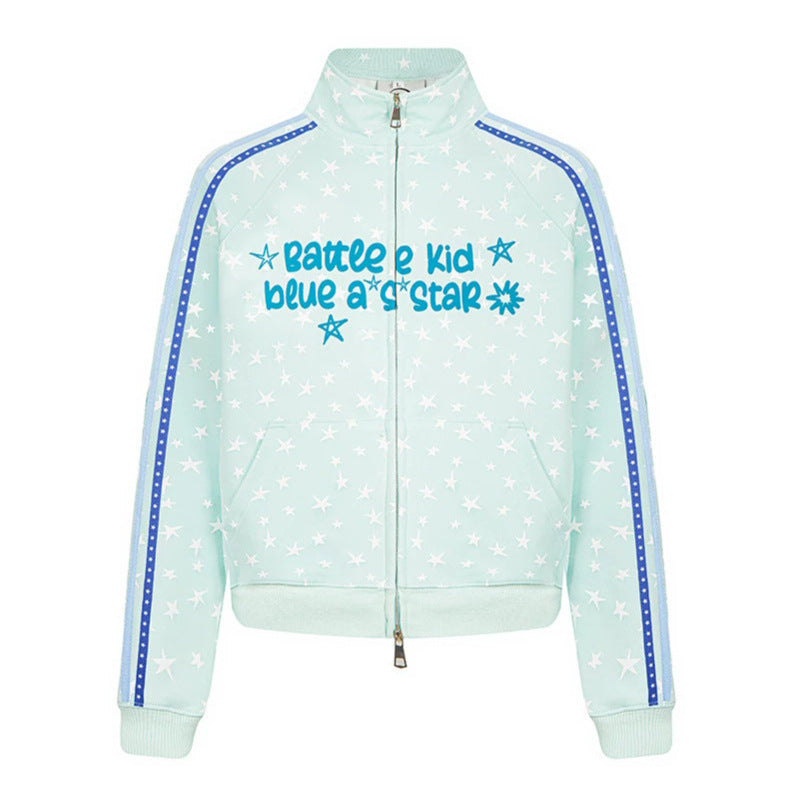 Women's sweat jacket in retro track style with stand-up collar, star print, and contrast stripes.