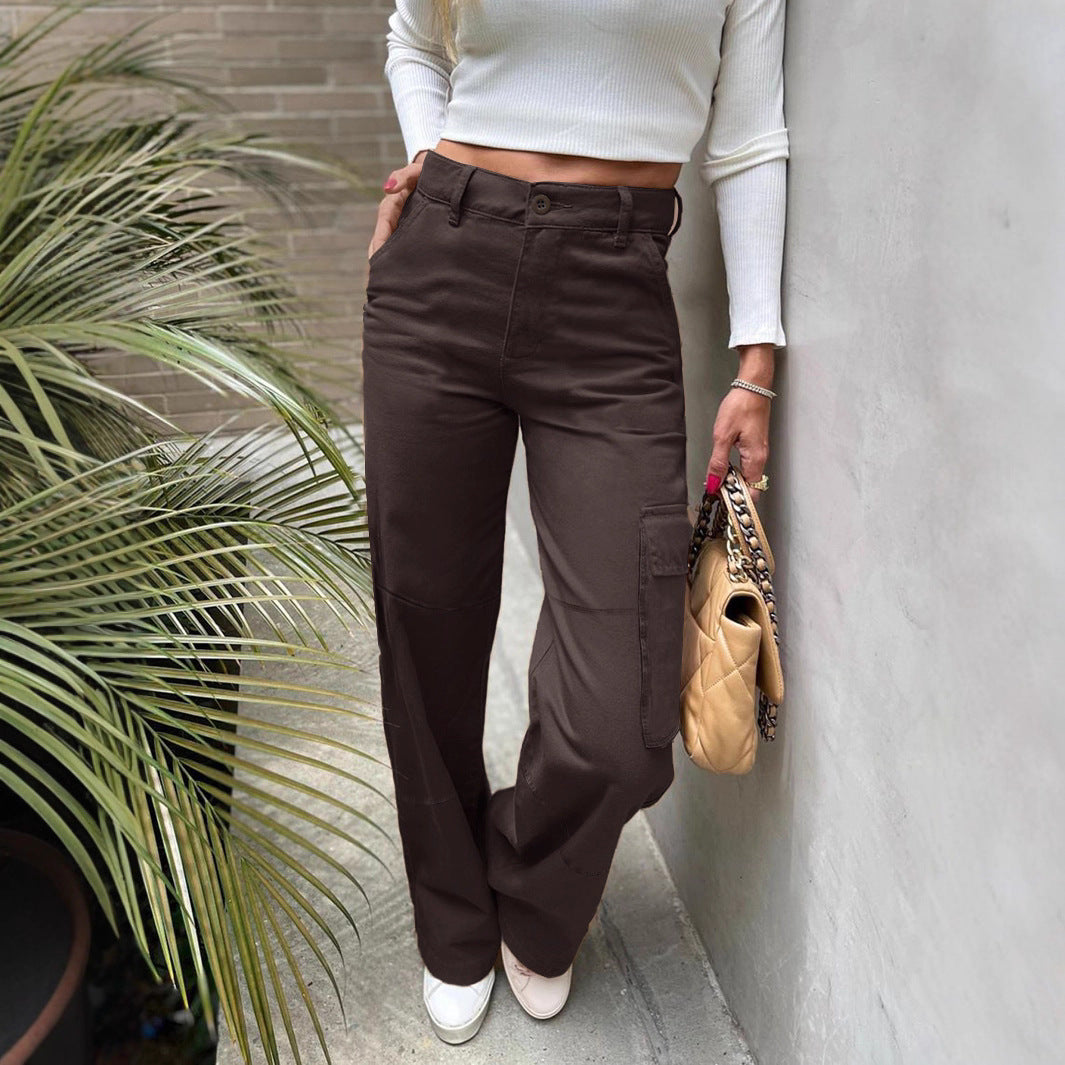 Women's High-Waist Utility Cargo Pants with Wide Leg and Knee Panels Chichicherry