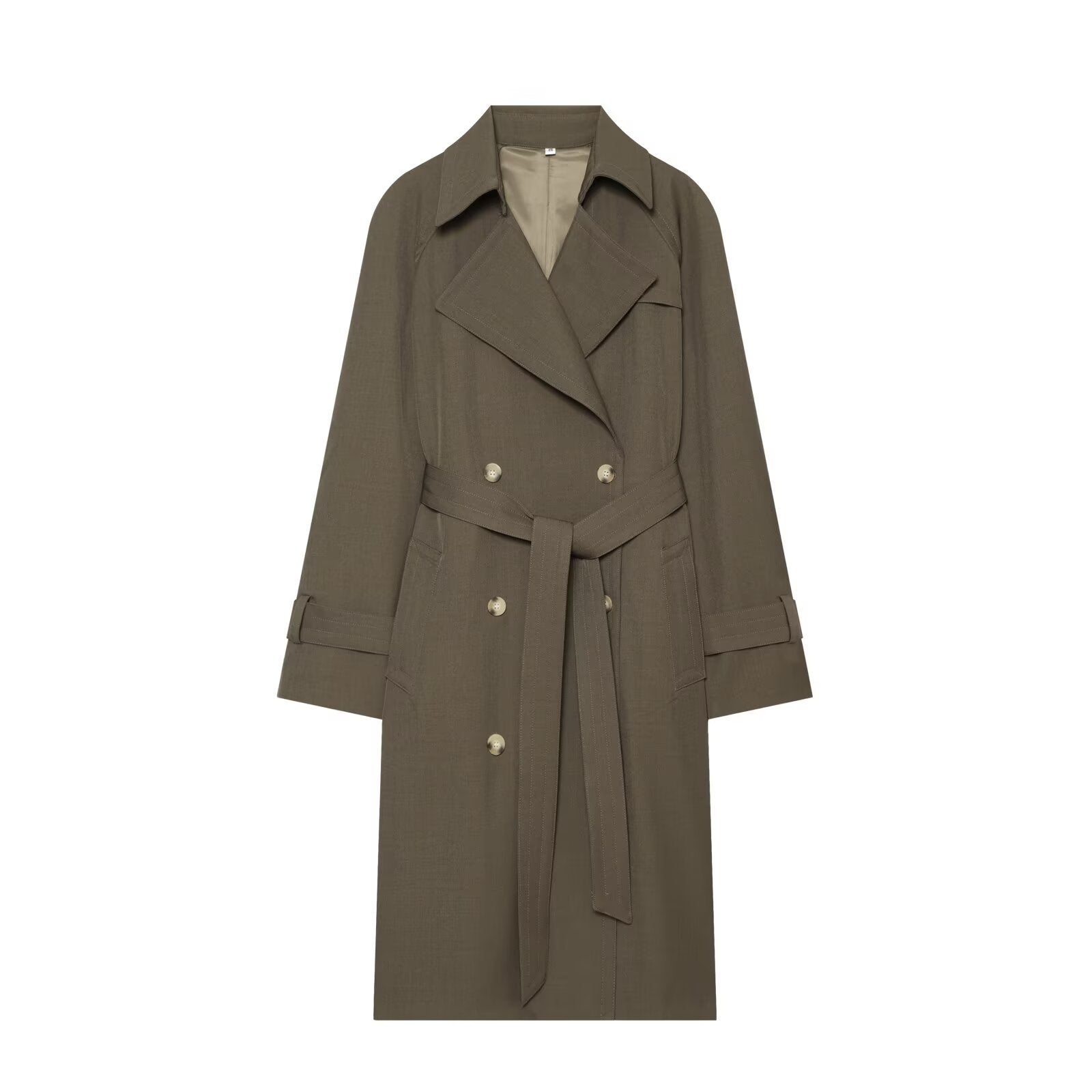 Women Long Double-Breasted Trench Coat with Waist Belt and Raglan Sleeves Chichicherry