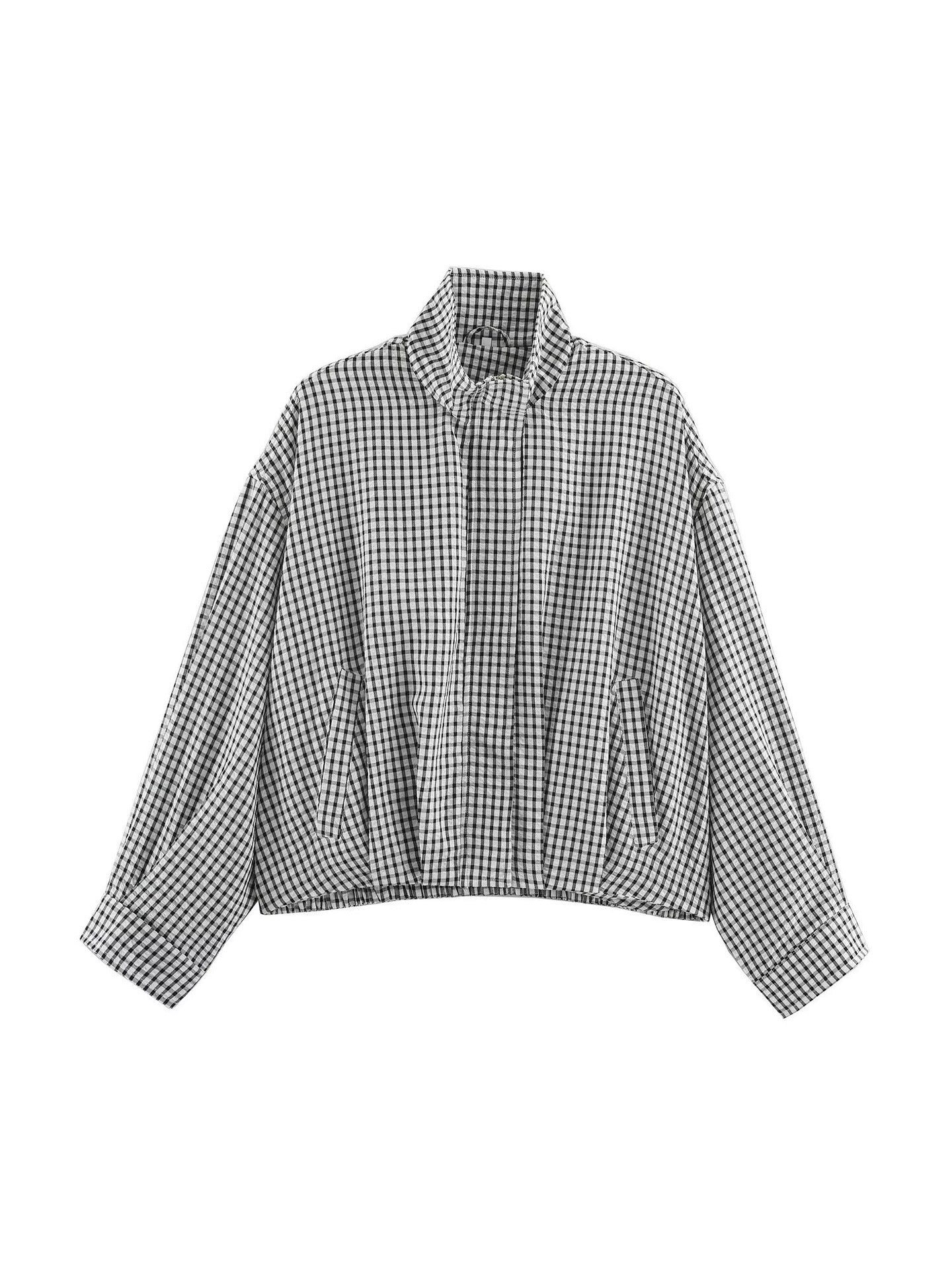 Women Oversize Checkered Blouson Jacket with Stand-up Collar Chichicherry