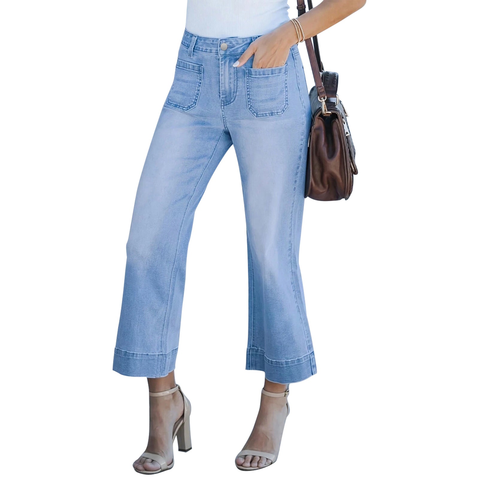 Women High-Waisted Culotte Jeans with Wide Legs and Patch Front Pockets Chichicherry