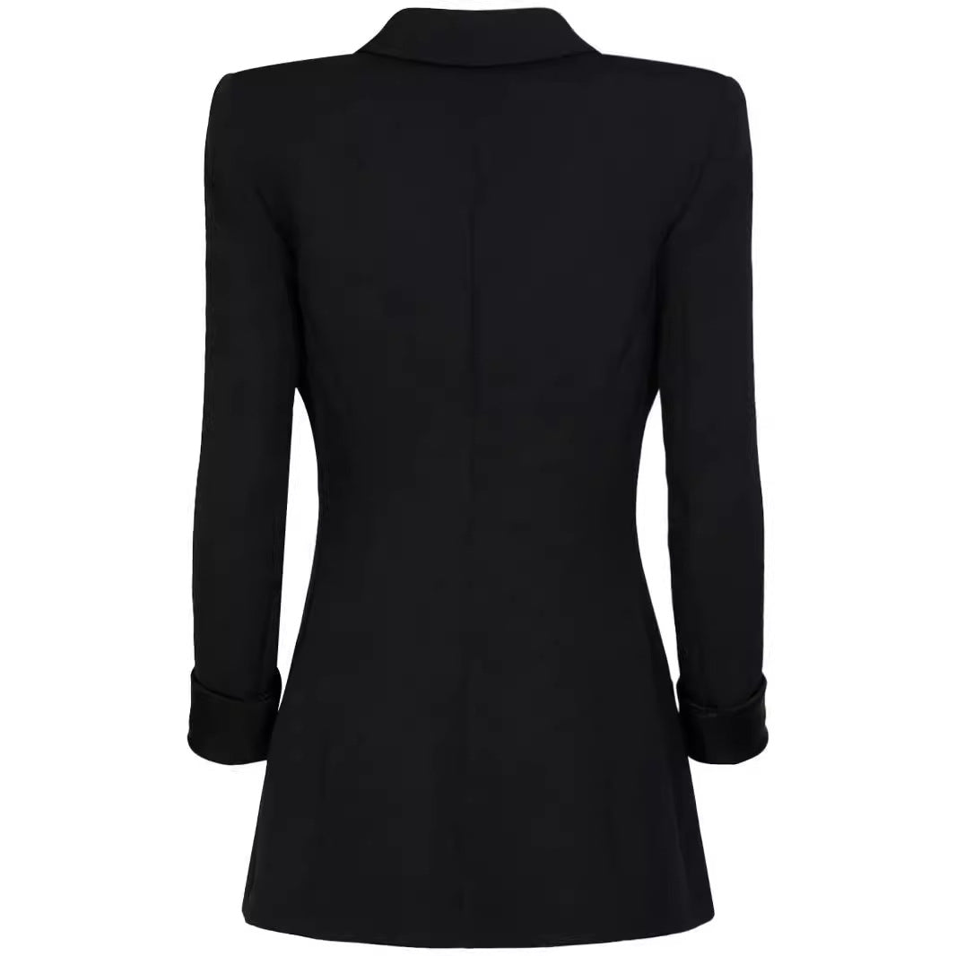 Women's Tailored Tuxedo Blazer with Satin Shawl Collar and Decorative Medallion Buttons Chichicherry