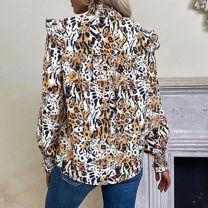 Women's Long-Sleeved Blouse Shirt with Smocked Collar, Ruffled Shoulders and Animal Print Chichicherry