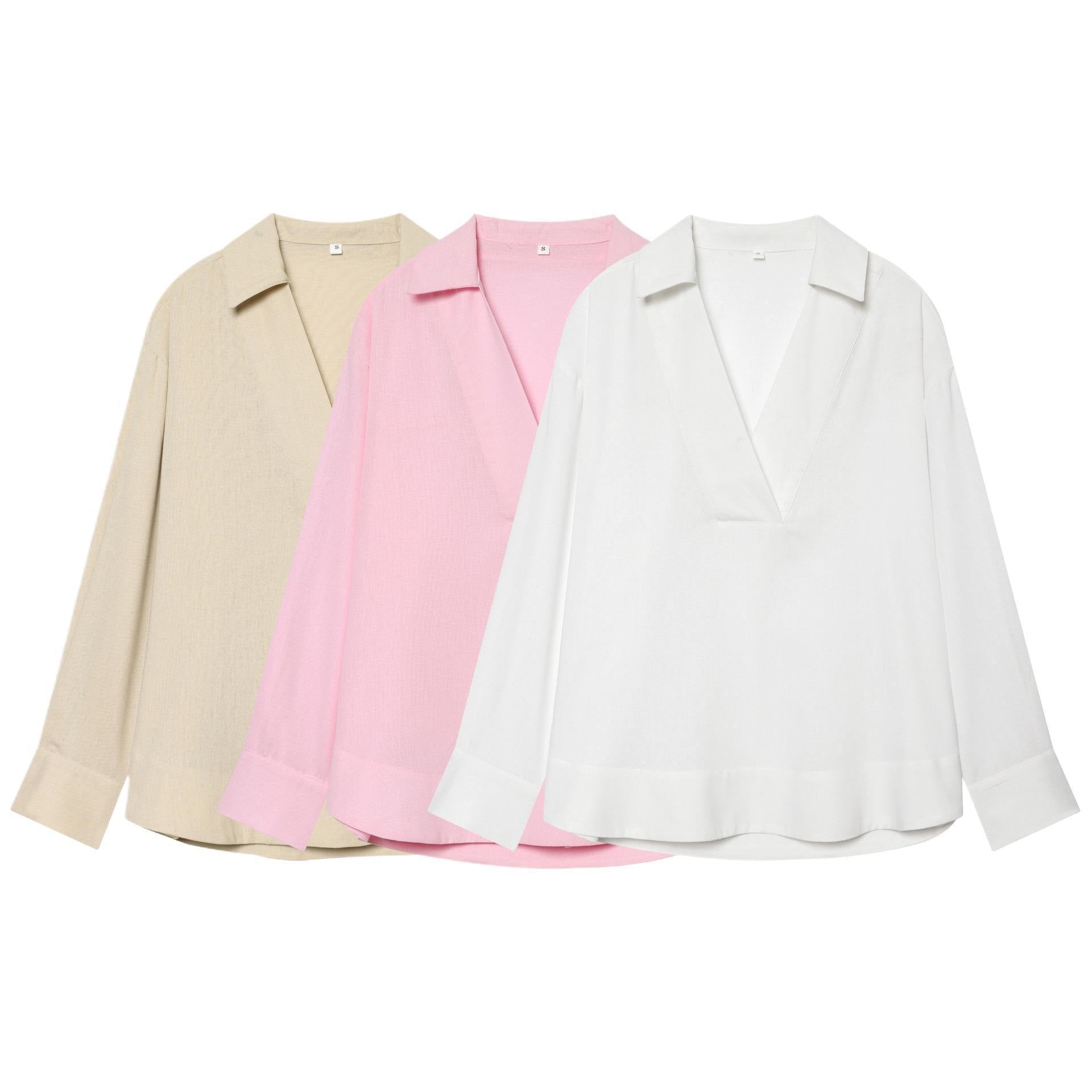 Women's loosely falling linen-look blouse with V-neck, shirt collar, and cuffed sleeves Chichicherry