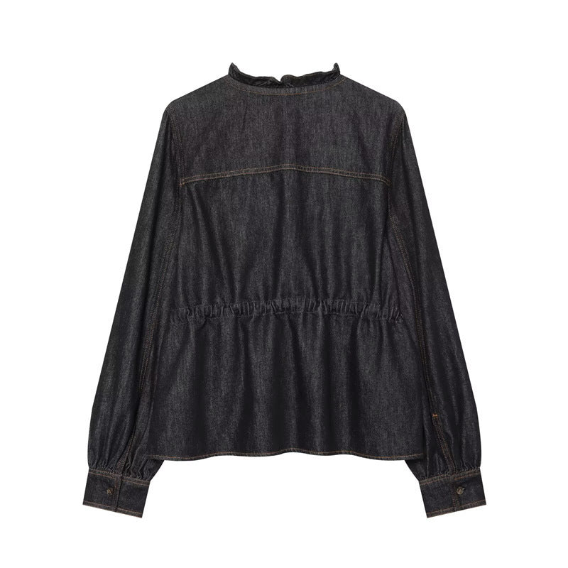 Women's tailored blouse jacket in denim look with ruffle collar and drawstring Chichicherry
