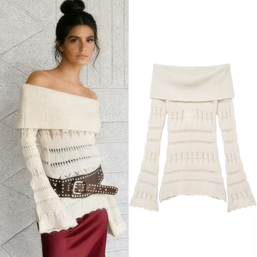 Women's Off-Shoulder Fine Knit Sweater with Folded Roll Neck and Bell Sleeves Chichicherry